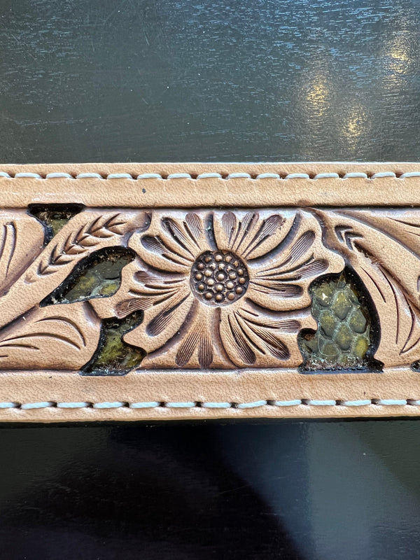 Leather Floral Tooled Belt with Snake Skin Inlay Double J Saddlery