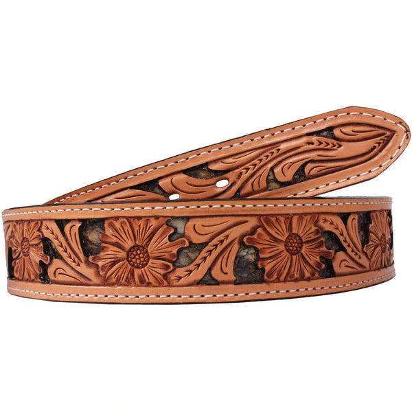 Leather Floral Tooled Belt with Snake Skin Inlay Double J Saddlery